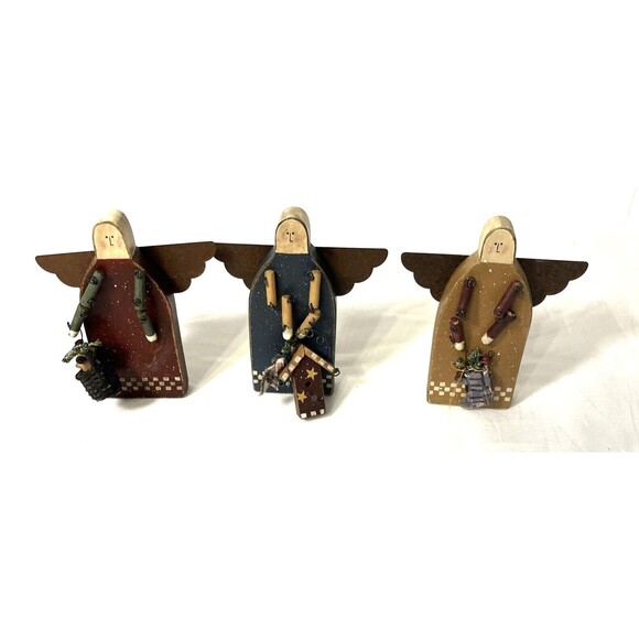 Set of 3 Wooden Folk Art Angels Primitive Christmas Holiday Decor Metal Wings - Picture 2 of 7